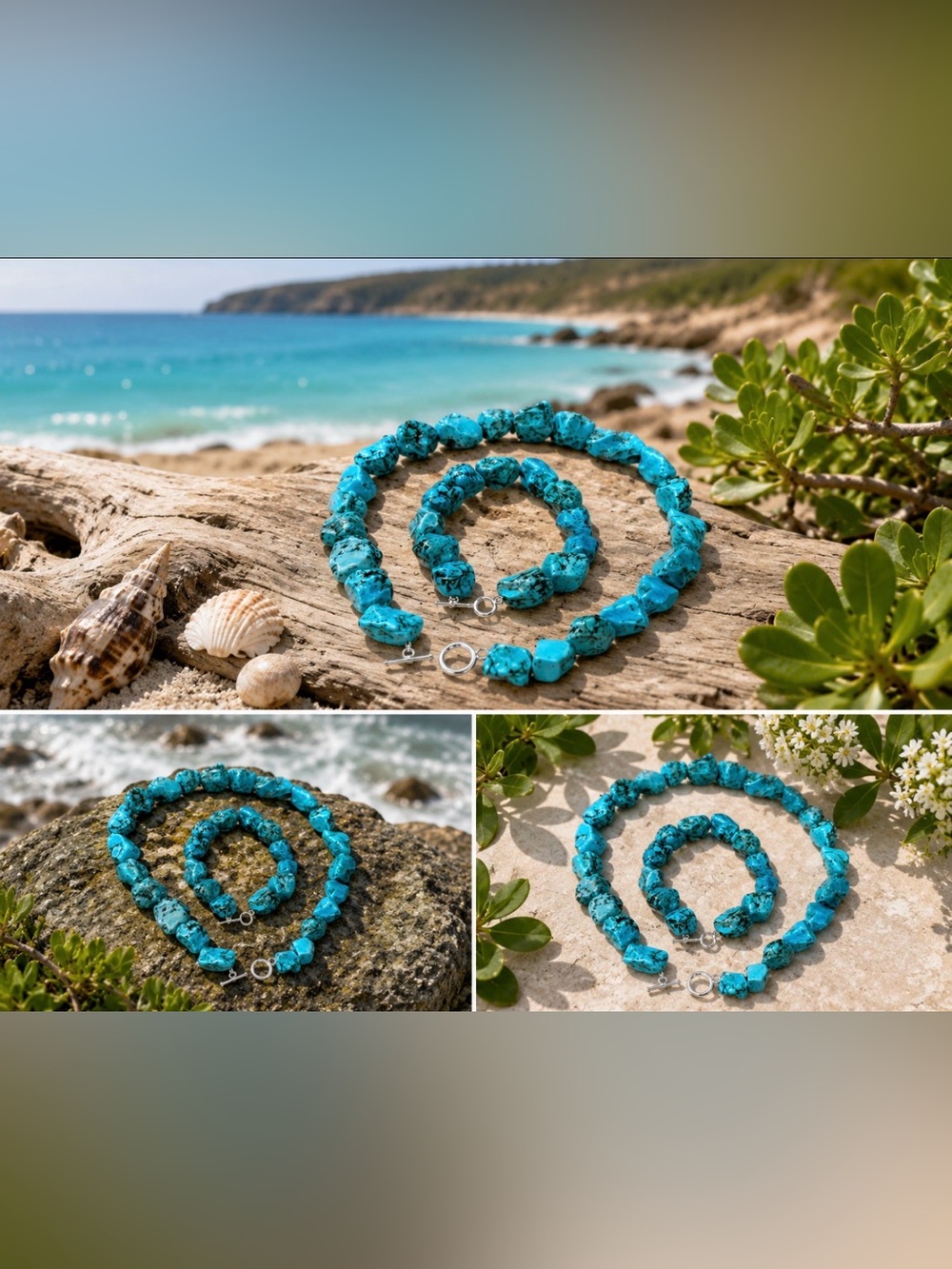 Turquoise Stone Necklace & Bracelet Set - Sterling Silver - Picture 3 of 3